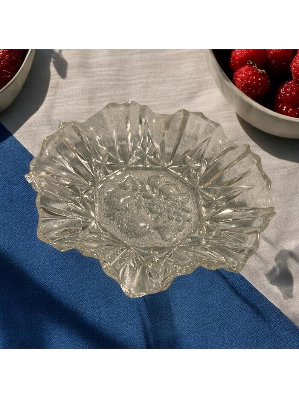 Vintage Federal Clear Glass Pioneer Fruit Pattern Candy Dish Ruffled Edge